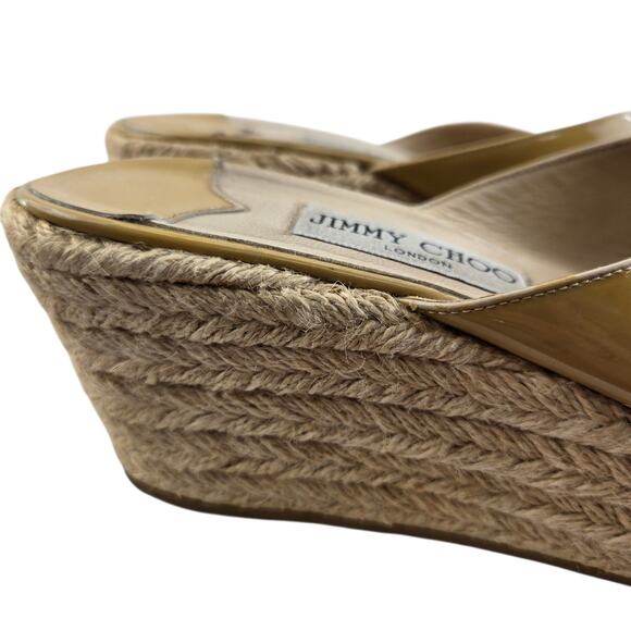 Jimmy Choo Sandals Womens 8.5 38.5 Platform Espadrille Beige Patent Leather - Picture 2 of 15